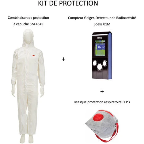 PACK Compteur Geiger, Détecteur De Radioactivité Nucléaire Soeks 01M + Vêtements De Protection à Capuche Combinaison 3M 4545 Taille L + Masque FFP3 - Détecte Les Particules Bêta Rayons X Gamma 1 PACK Compteur Geiger, Détecteur De Radioactivité Nucléaire Soeks 01M + Vêtements De Protection à Capuche Combinaison 3M 4545 Taille L + Masque FFP3 - Détecte Les Particules Bêta Rayons X Gamma