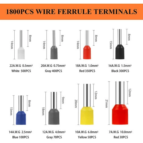 Lilaris 1800 Pcs Boîtes à Bornes Sertir Isolées Embouts De Câblage Câble De Cosses 0,5-10,00 Mm² Pour Pince Électricien 2 Lilaris 1800 Pcs Boîtes à Bornes Sertir Isolées Embouts De Câblage Câble De Cosses 0,5-10,00 Mm² Pour Pince Électricien – Image 2
