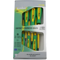 Coffret 6 Tournevis Trimatière Isolés 1000V PZ1-2, Plats 3-4-5,5-6,5mm (412100)