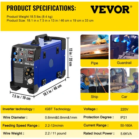 VEVOR Soudeuse Deinverseur MIG-160 Soudeuse MIG Cutter Plasma Poste A Souder A Fil Fourre Machine De Soudage MMA TIG IGBT Capable De Souder Des Alliages Et Aciers DC Inverter Affichage Numerique 2 VEVOR Soudeuse Deinverseur MIG-160 Soudeuse MIG Cutter Plasma Poste A Souder A Fil Fourre Machine De Soudage MMA TIG IGBT Capable De Souder Des Alliages Et Aciers DC Inverter Affichage Numerique – Image 2